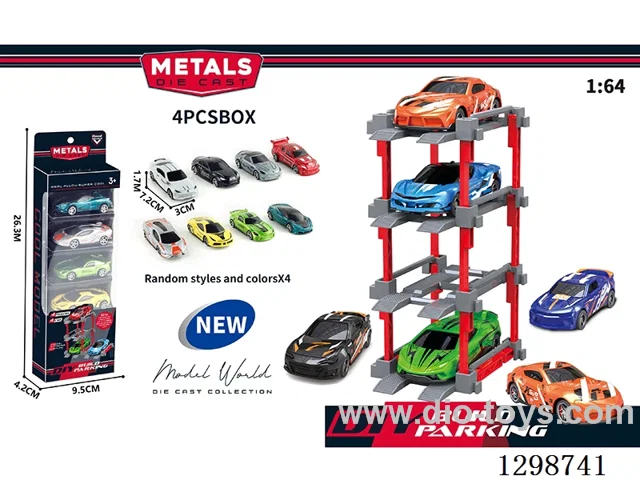 1:64 free wheel Die-Cast car DIY Parking Lot Set 4 Cars with 4 Parking Spaces
