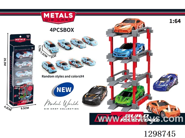 1:64 free wheel Die-Cast car DIY Parking Lot Set 4 Cars with 4 Parking Spaces