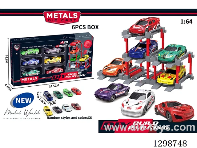 1:64 free wheel Die-Cast car DIY Parking Lot Set 6 Cars with 6 Parking Spaces