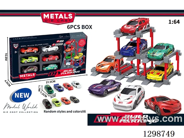 1:64 free wheel Die-Cast car DIY Parking Lot Set 6 Cars with 6 Parking Spaces