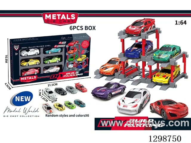 1:64 free wheel Die-Cast car DIY Parking Lot Set 6 Cars with 6 Parking Spaces