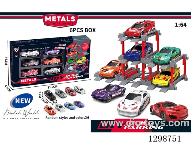 1:64 free wheel Die-Cast car DIY Parking Lot Set 6 Cars with 6 Parking Spaces