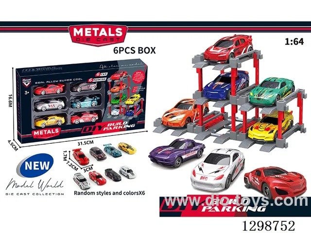 1:64 free wheel Die-Cast car DIY Parking Lot Set 6 Cars with 6 Parking Spaces