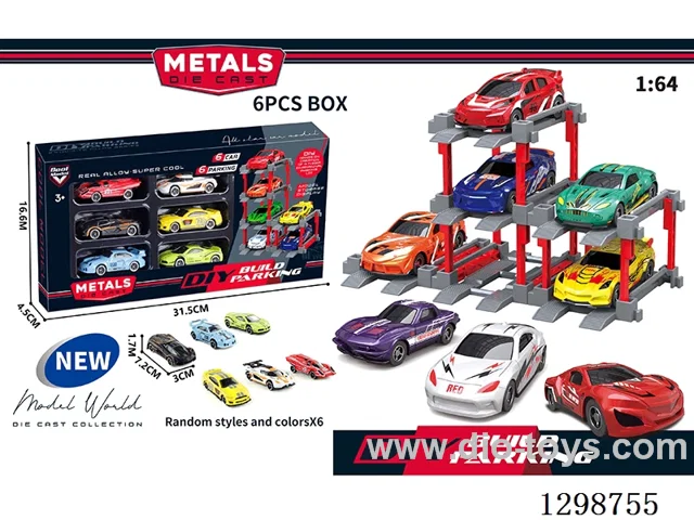 1:64 free wheel Die-Cast car DIY Parking Lot Set 6 Cars with 6 Parking Spaces
