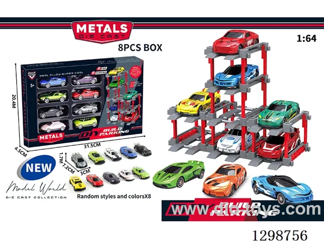 1:64 free wheel Die-Cast car DIY Parking Lot Set 8 Cars with 8 Parking Spaces