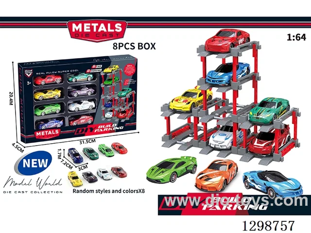 1:64 free wheel Die-Cast car DIY Parking Lot Set 8 Cars with 8 Parking Spaces