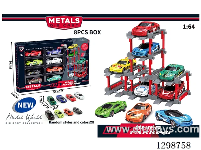 1:64 free wheel Die-Cast car DIY Parking Lot Set 8 Cars with 8 Parking Spaces