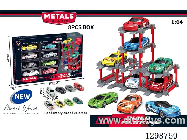 1:64 free wheel Die-Cast car DIY Parking Lot Set 8 Cars with 8 Parking Spaces