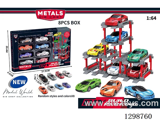 1:64 free wheel Die-Cast car DIY Parking Lot Set 8 Cars with 8 Parking Spaces
