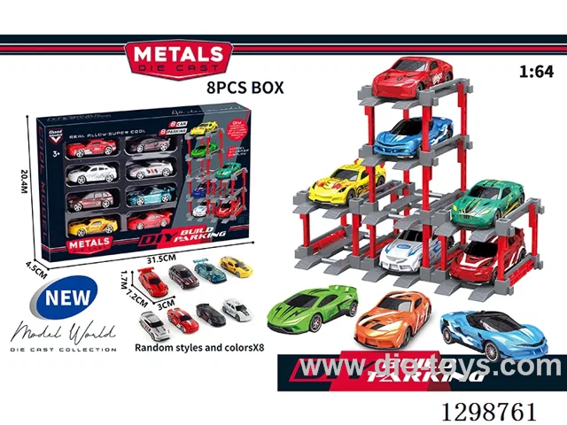 1:64 free wheel Die-Cast car DIY Parking Lot Set 8 Cars with 8 Parking Spaces