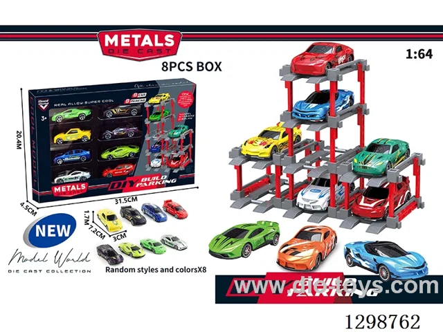 1:64 free wheel Die-Cast car DIY Parking Lot Set 8 Cars with 8 Parking Spaces