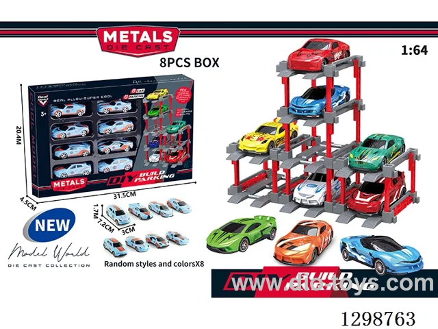 1:64 free wheel Die-Cast car DIY Parking Lot Set 8 Cars with 8 Parking Spaces