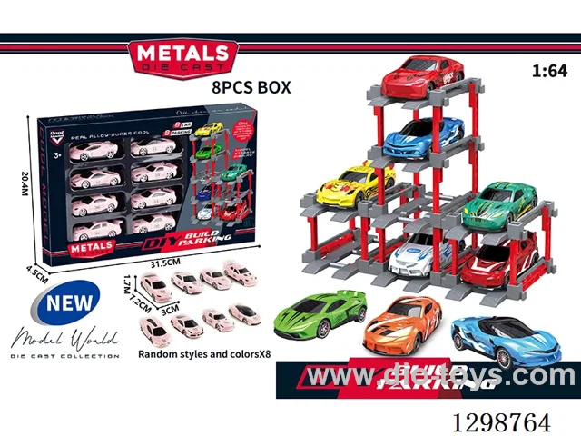 1:64 free wheel Die-Cast car DIY Parking Lot Set 8 Cars with 8 Parking Spaces