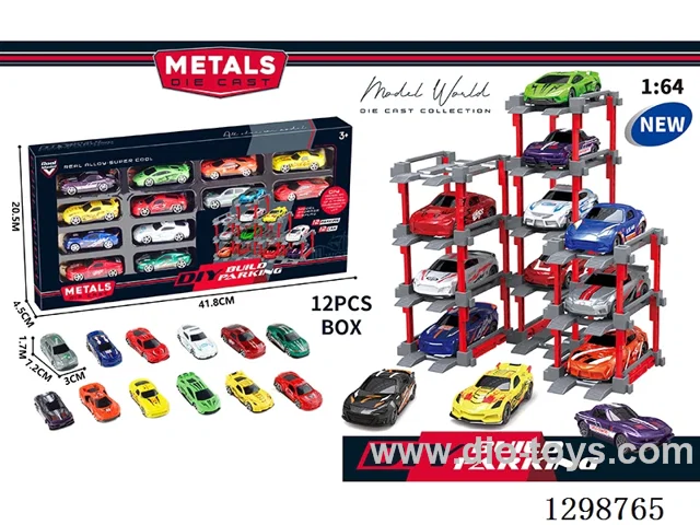 1:64 free wheel Die-Cast car DIY Parking Lot Set 12 Cars with 12 Parking Spaces