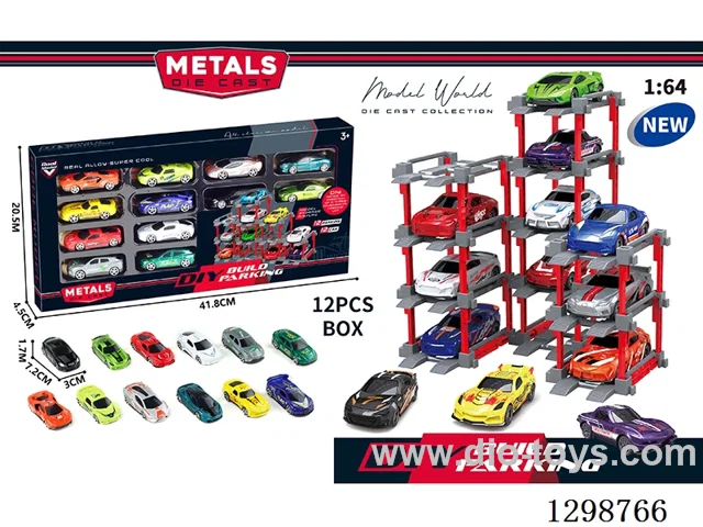 1:64 free wheel Die-Cast car DIY Parking Lot Set 12 Cars with 12 Parking Spaces