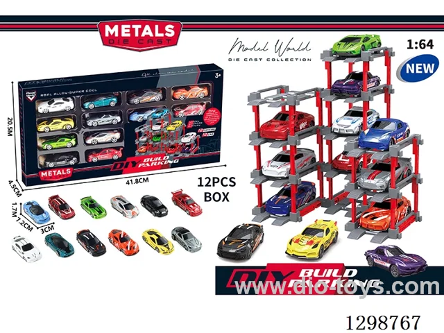 1:64 free wheel Die-Cast car DIY Parking Lot Set 12 Cars with 12 Parking Spaces