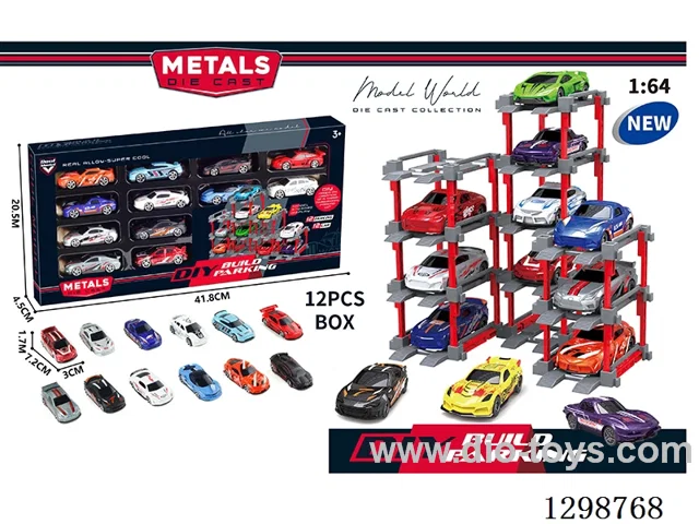 1:64 free wheel Die-Cast car DIY Parking Lot Set 12 Cars with 12 Parking Spaces