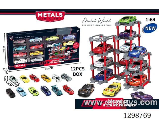 1:64 free wheel Die-Cast car DIY Parking Lot Set 12 Cars with 12 Parking Spaces