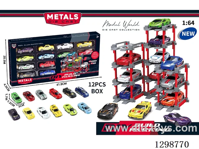 1:64 free wheel Die-Cast car DIY Parking Lot Set 12 Cars with 12 Parking Spaces
