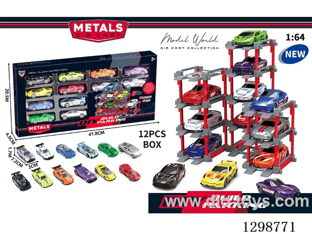 1:64 free wheel Die-Cast car DIY Parking Lot Set 12 Cars with 12 Parking Spaces