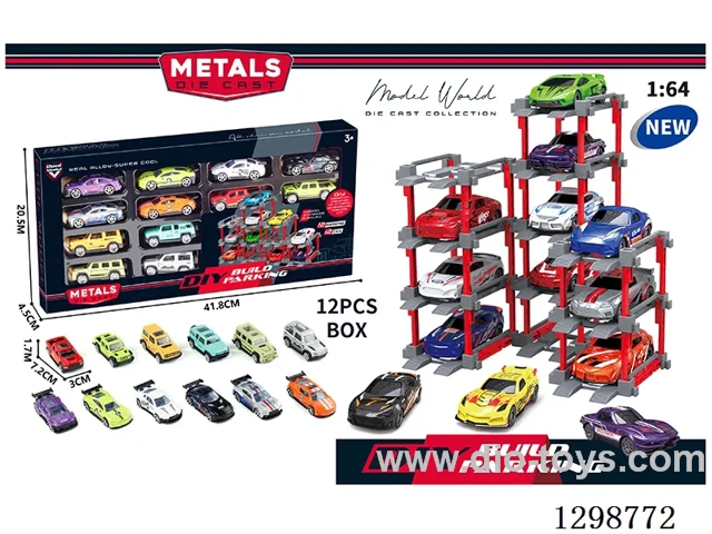 1:64 free wheel Die-Cast car DIY Parking Lot Set 12 Cars with 12 Parking Spaces