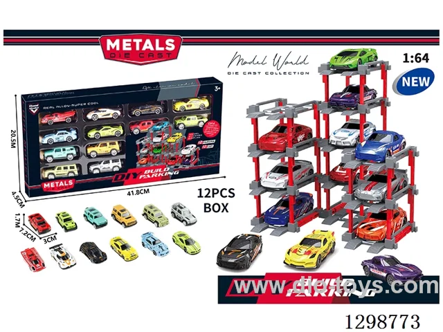 1:64 free wheel Die-Cast car DIY Parking Lot Set 12 Cars with 12 Parking Spaces