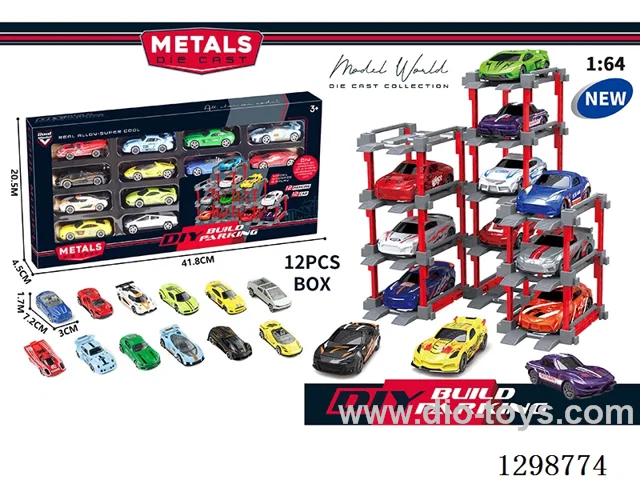 1:64 free wheel Die-Cast car DIY Parking Lot Set 12 Cars with 12 Parking Spaces