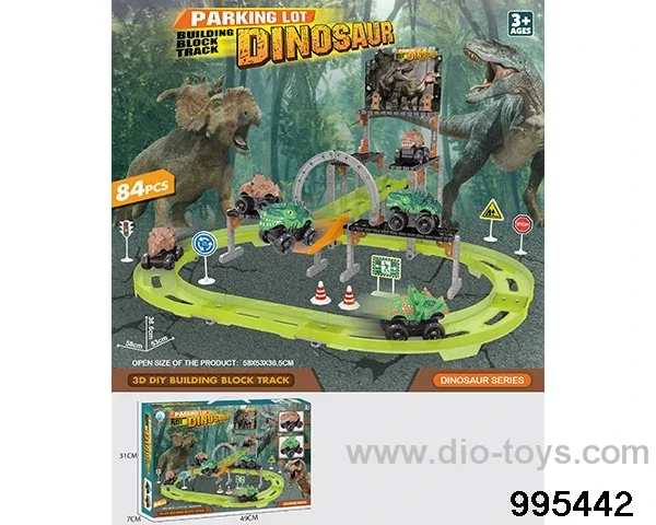 DIY dinosaur building block parking lot in 84PCS window box