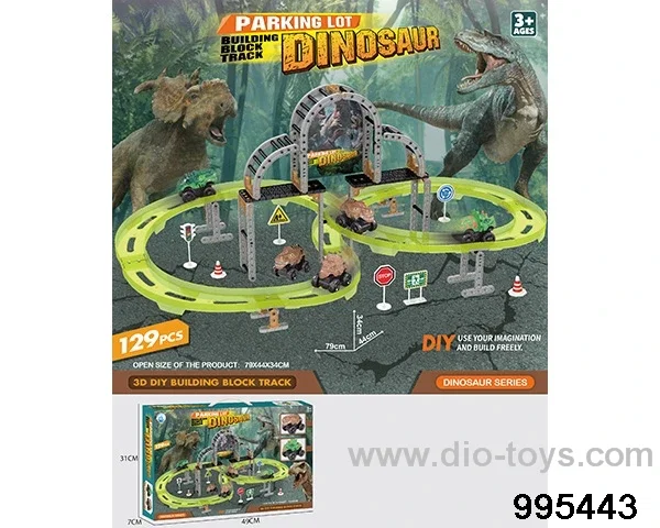 DIY dinosaur building block parking lot in 129PCS window box