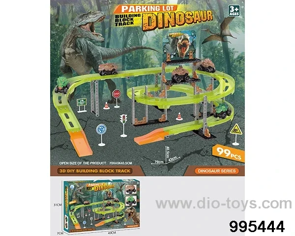 DIY dinosaur building block parking lot in 99PCS window box