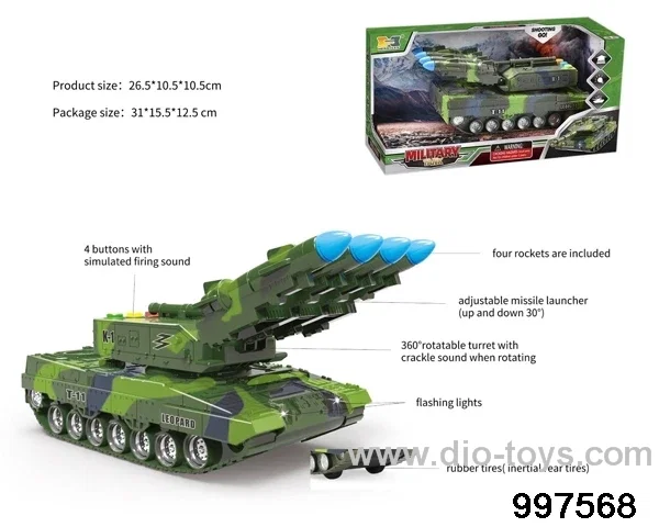 inertial tank missile launcher with four rockets with firing sound and fliashing light  - army green