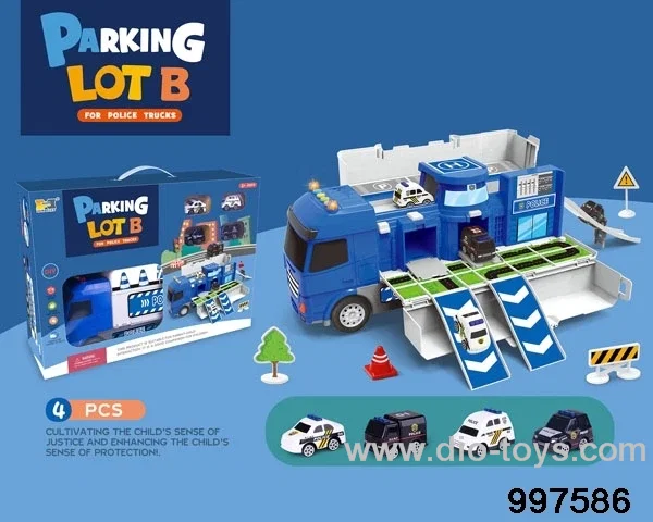 2 in 1 inertial deformational container truck moving police parking lot with sounds and lights