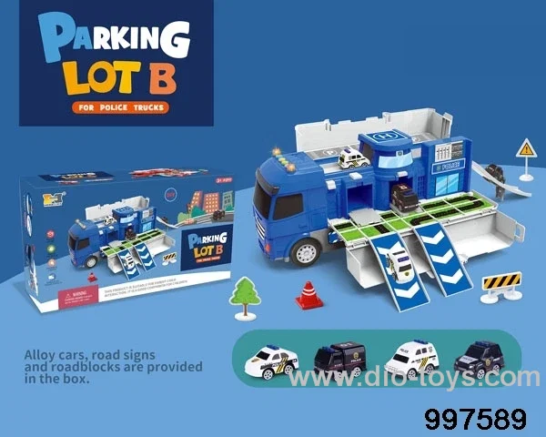 2 in 1 inertial deformational container truck moving police parking lot with sounds and lights